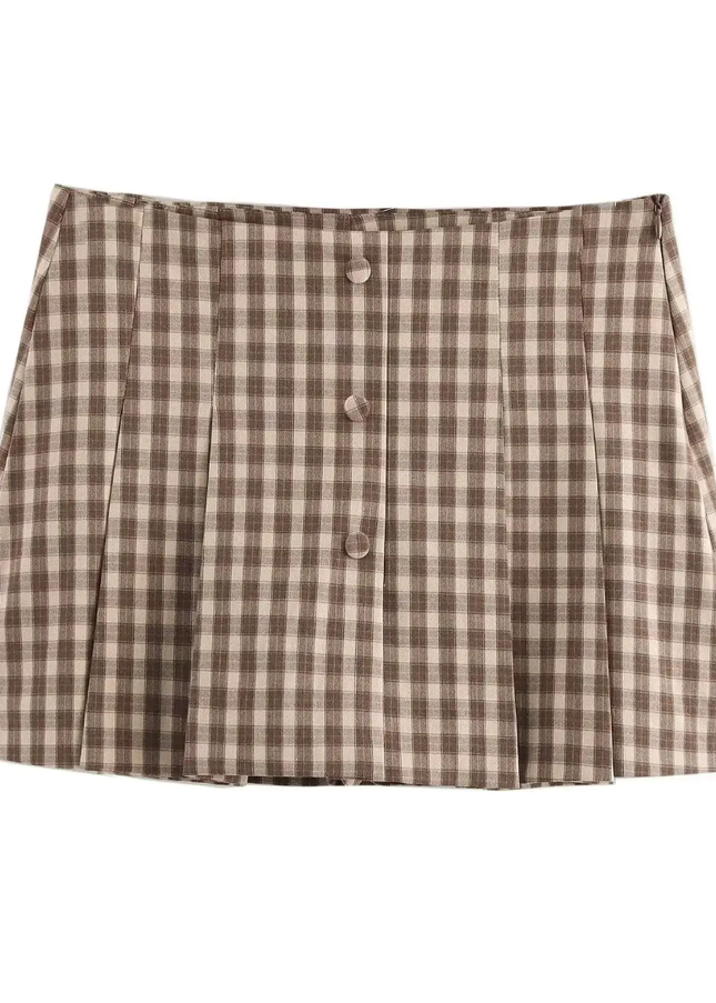 Brown Plaid Vest & Mini Skirt Set for Women