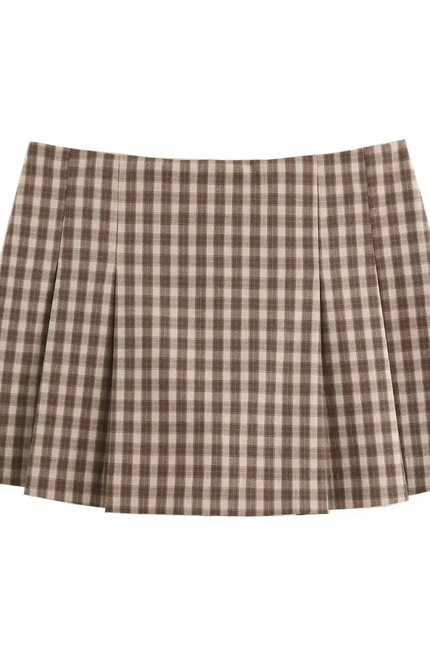 Brown Plaid Vest & Mini Skirt Set for Women