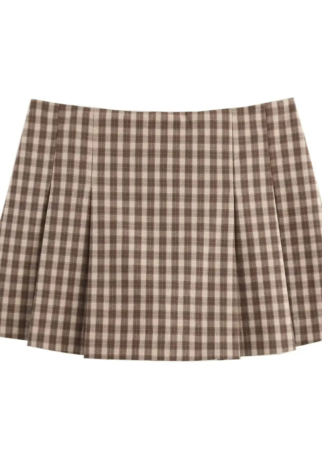 Brown Plaid Vest & Mini Skirt Set for Women
