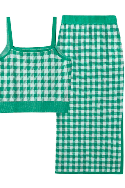 Plaid Crop Top & Knitted Skirt Set – 3 Colors