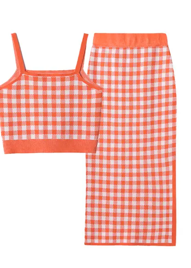 Plaid Crop Top & Knitted Skirt Set – 3 Colors