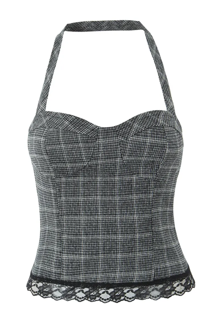 Gray Plaid Lace Halter Top & Mini Skirt 2-Piece Set