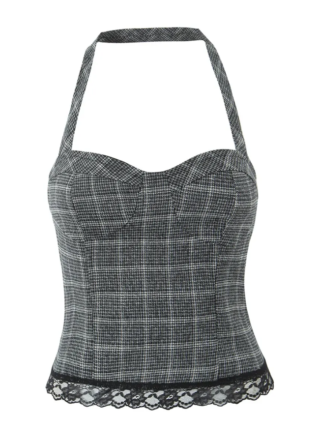 Gray Plaid Lace Halter Top & Mini Skirt 2-Piece Set