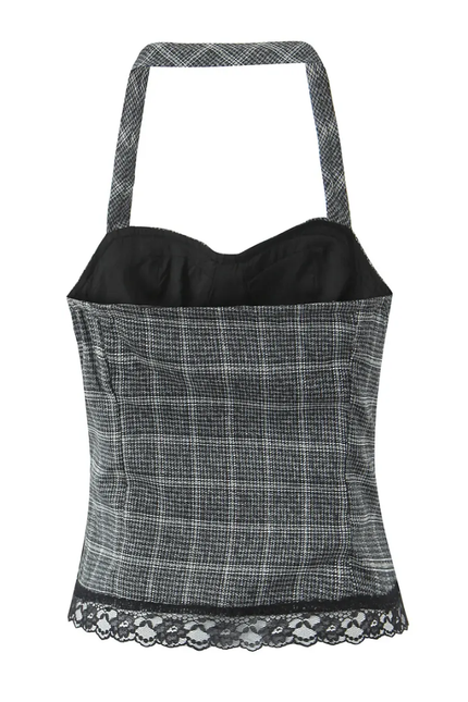 Gray Plaid Lace Halter Top & Mini Skirt 2-Piece Set