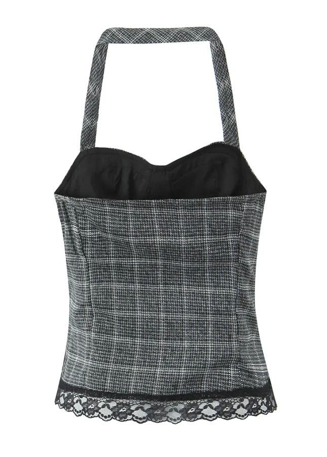 Gray Plaid Lace Halter Top & Mini Skirt 2-Piece Set