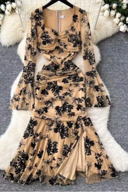 Elegant French Pleated Evening Dress
