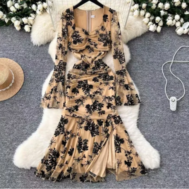 Elegant French Pleated Evening Dress