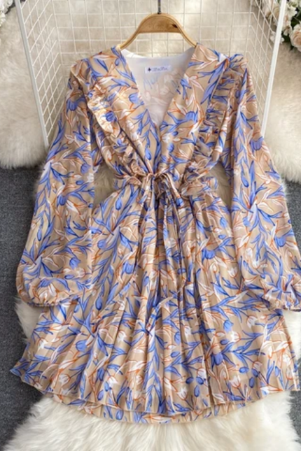 Ruffled Long Sleeve V-Neck Floral Dress