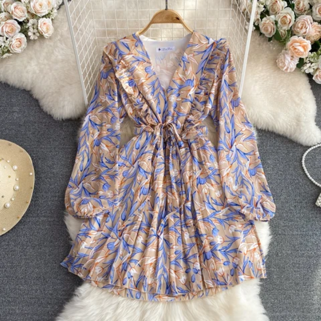 Ruffled Long Sleeve V-Neck Floral Dress