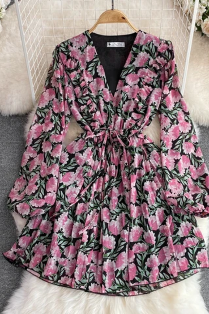 Ruffled Long Sleeve V-Neck Floral Dress