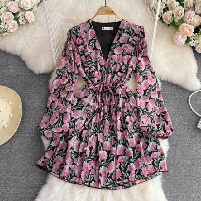 Ruffled Long Sleeve V-Neck Floral Dress