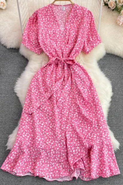 Cute Floral Waist-Cinched V-Neck Dress