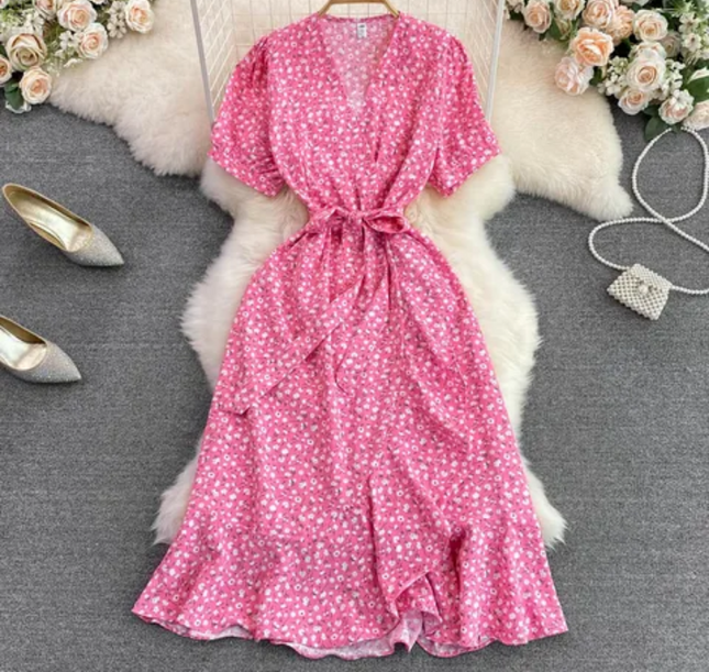Cute Floral Waist-Cinched V-Neck Dress