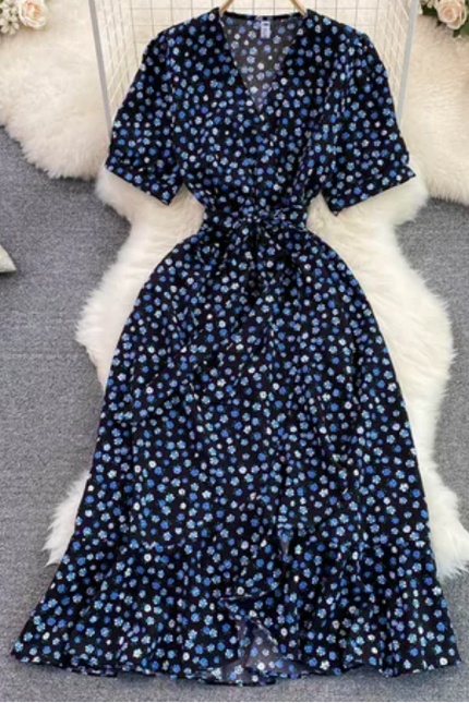 Cute Floral Waist-Cinched V-Neck Dress