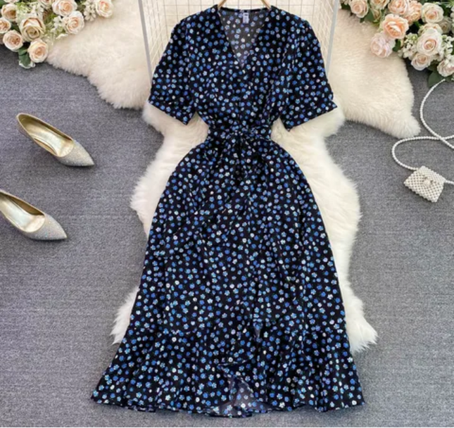 Cute Floral Waist-Cinched V-Neck Dress