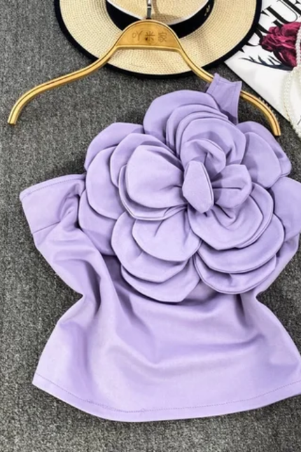 Elegant Slanted Neck Top with 3D Floral Feature
