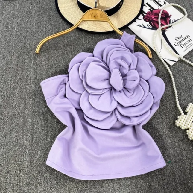 Elegant Slanted Neck Top with 3D Floral Feature