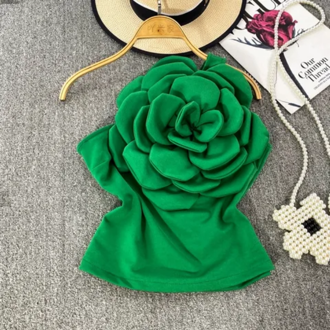 Elegant Slanted Neck Top with 3D Floral Feature