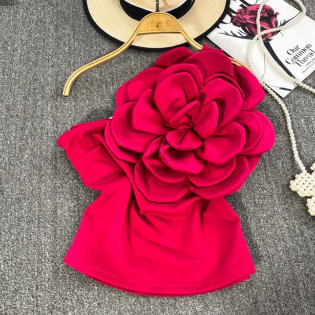 Elegant Slanted Neck Top with 3D Floral Feature