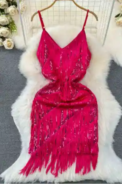 Women's Sequin Tassel V-Neck Mini Party Dress