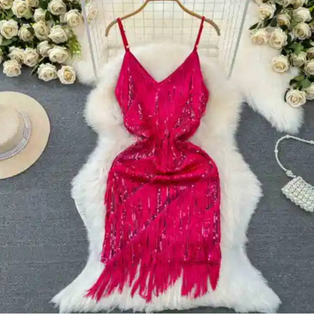Women's Sequin Tassel V-Neck Mini Party Dress