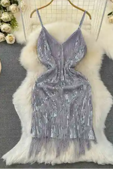 Women's Sequin Tassel V-Neck Mini Party Dress