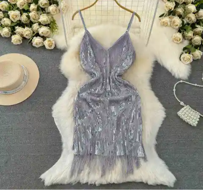 Women's Sequin Tassel V-Neck Mini Party Dress