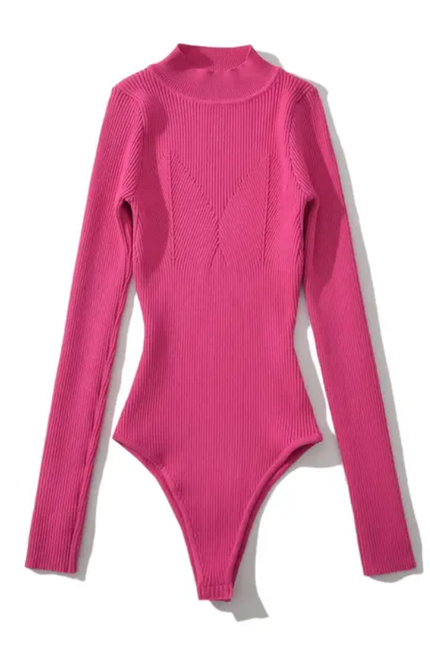 Solid Long Sleeve Knitted Casual Bodysuit for Women