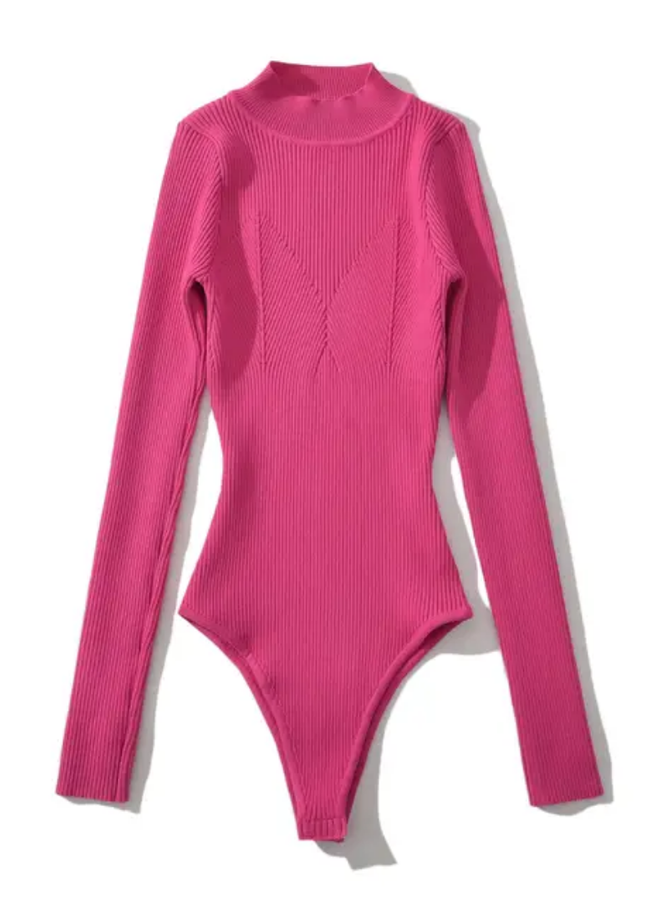 Solid Long Sleeve Knitted Casual Bodysuit for Women