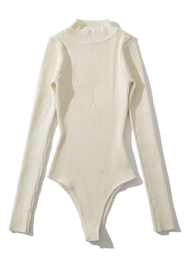 Solid Long Sleeve Knitted Casual Bodysuit for Women