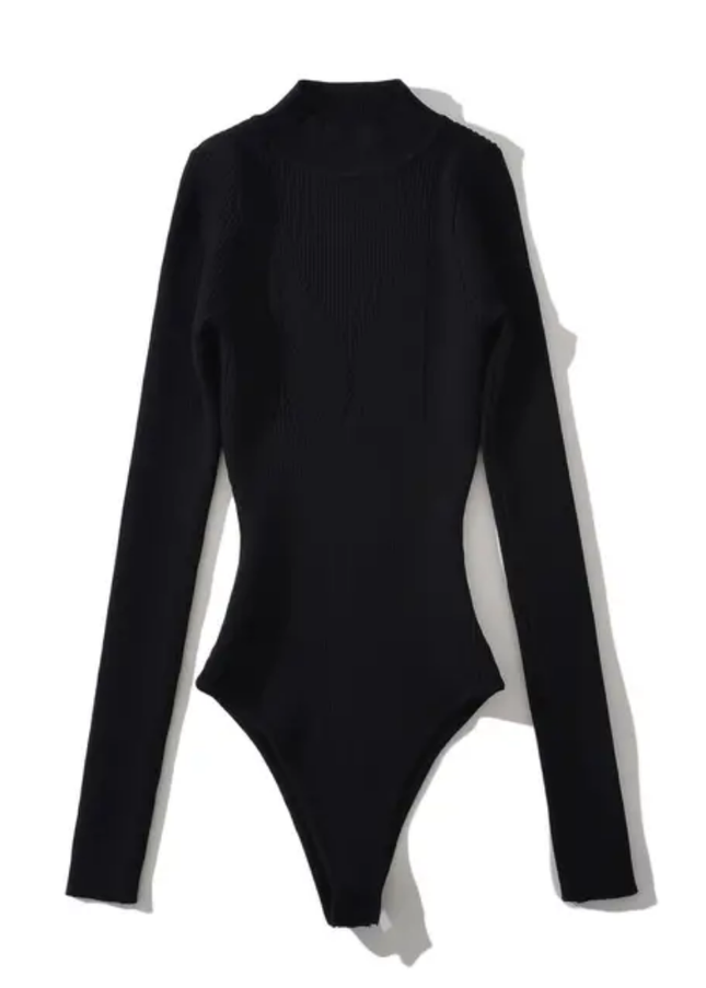 Solid Long Sleeve Knitted Casual Bodysuit for Women