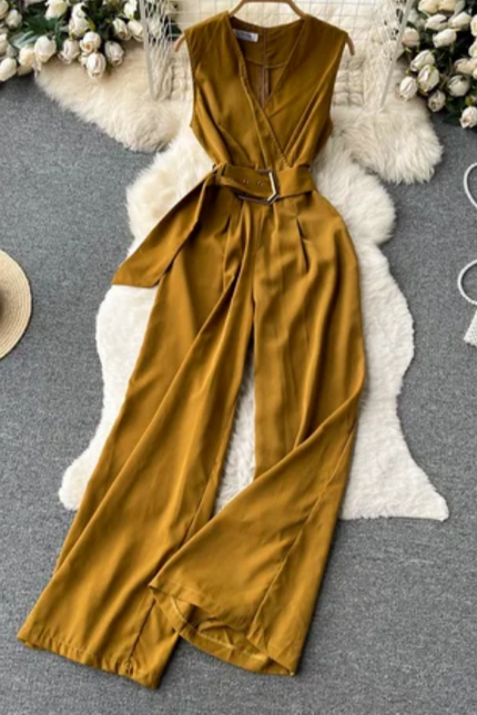 Women's V-Neck Solid Casual Long Jumpsuit