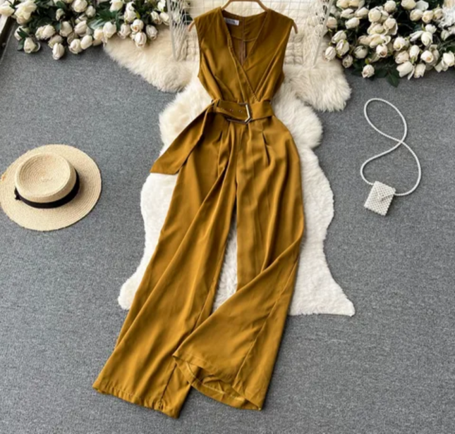 Women's V-Neck Solid Casual Long Jumpsuit