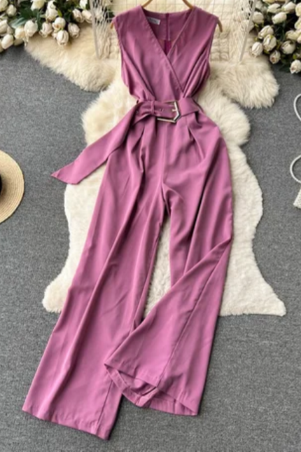 Women's V-Neck Solid Casual Long Jumpsuit