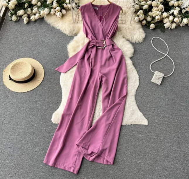 Women's V-Neck Solid Casual Long Jumpsuit