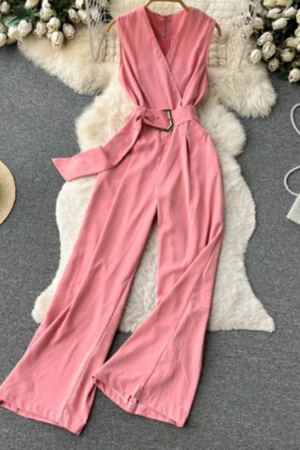 Women's V-Neck Solid Casual Long Jumpsuit
