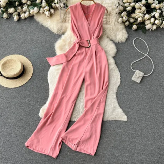 Women's V-Neck Solid Casual Long Jumpsuit