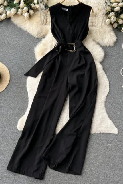 Women's V-Neck Solid Casual Long Jumpsuit