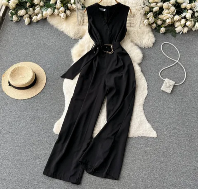 Women's V-Neck Solid Casual Long Jumpsuit