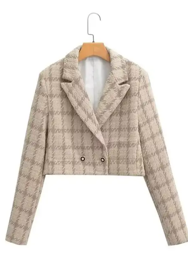 Plaid Double-Breasted Solid Casual Blazer Jacket for Women