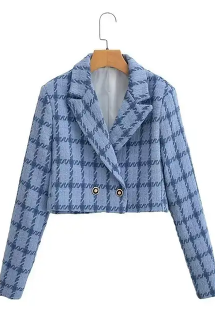 Plaid Double-Breasted Solid Casual Blazer Jacket for Women