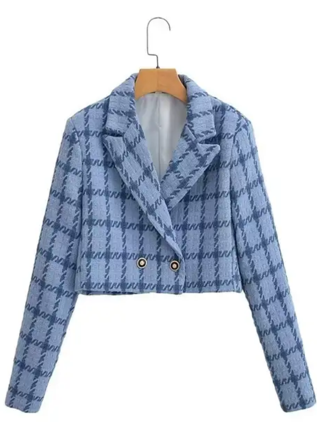 Plaid Double-Breasted Solid Casual Blazer Jacket for Women