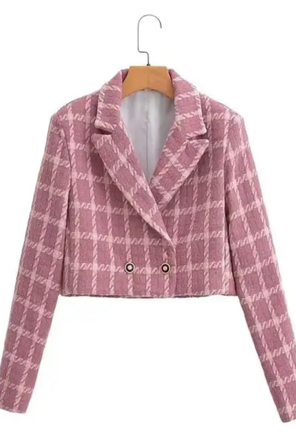 Plaid Double-Breasted Solid Casual Blazer Jacket for Women