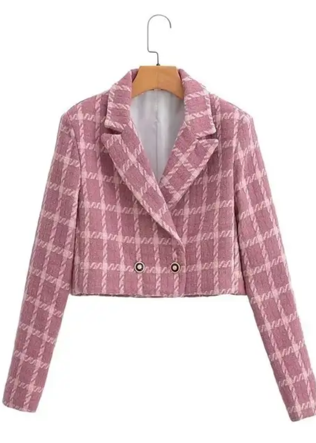 Plaid Double-Breasted Solid Casual Blazer Jacket for Women