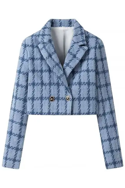 Plaid Double-Breasted Notched Collar Cropped Casual Blazer for Women