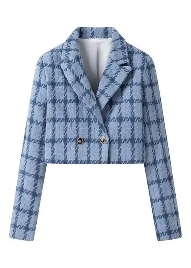 Plaid Double-Breasted Notched Collar Cropped Casual Blazer for Women