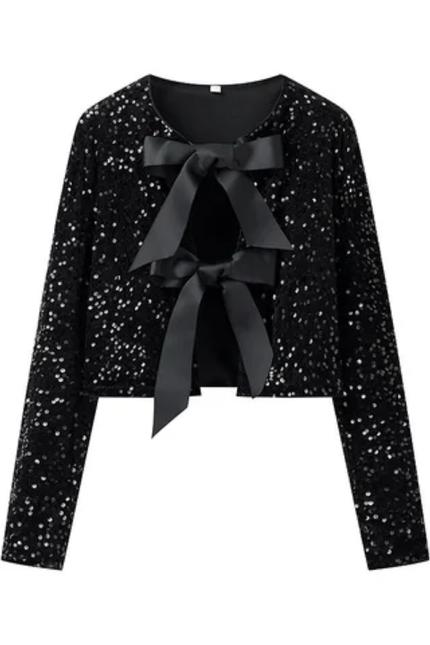 Women's Sequin Bow Tie Long Sleeve Top