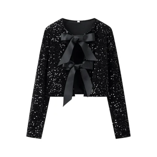 Women's Sequin Bow Tie Long Sleeve Top