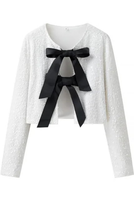 Women's Sequin Bow Tie Long Sleeve Top