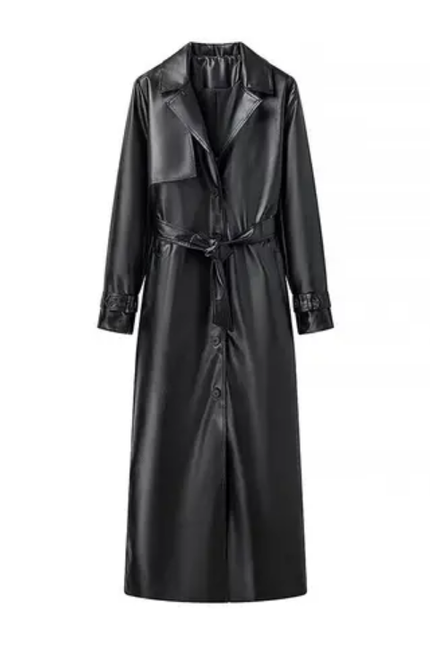 Women's Double-Breasted Faux Leather Trench Coat